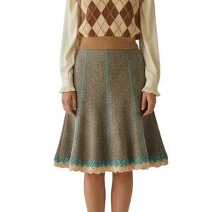 Tibi Embroidered Tweed Mid Skirt Sz S Tan Wool Blend A-Line Retro Cottage Twee